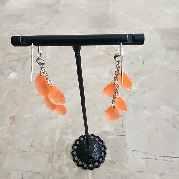 Orange Faceted Beads on Silver Chain Dangle Earrings - Picture 5 of 5